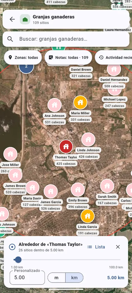 Abra la granja y toque Radio. Arrastre el control o escriba una distancia, de 100 m a 100 km. Se cuentan los sitios que quedan dentro.