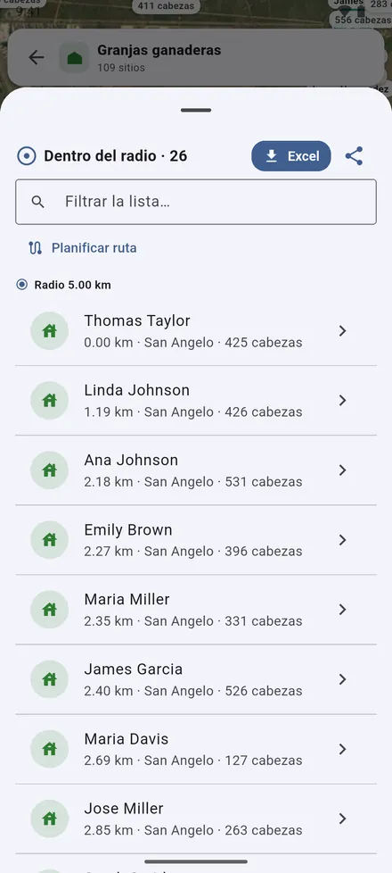 Lista: los sitios dentro del radio, los más cercanos primero, con sus cabezas. Expórtelos a Excel, comparta la lista o planifique una ruta.