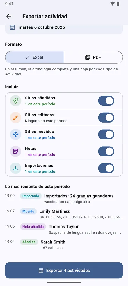 Elija qué incluir. Las últimas entradas se muestran antes de exportar.