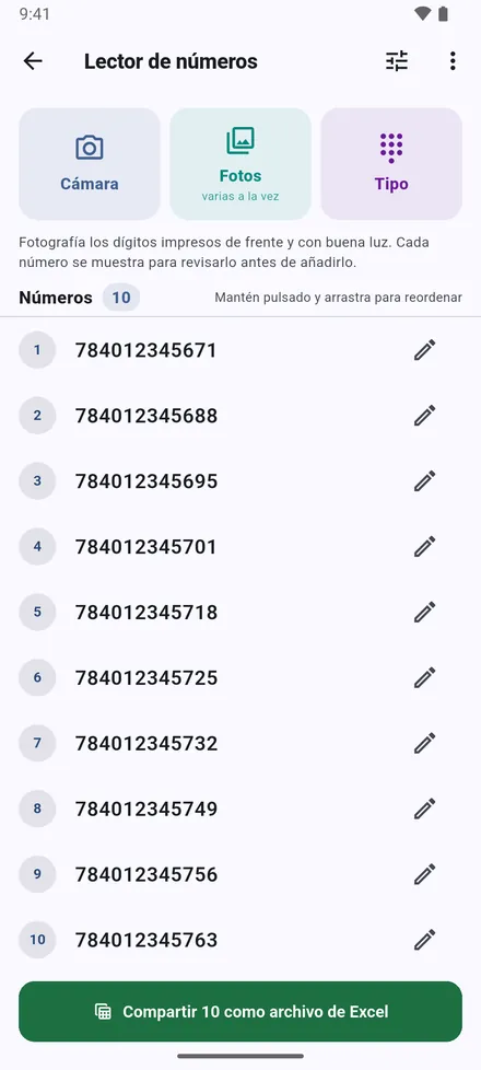 La lista se puede reordenar, copiar o compartir como archivo de Excel.