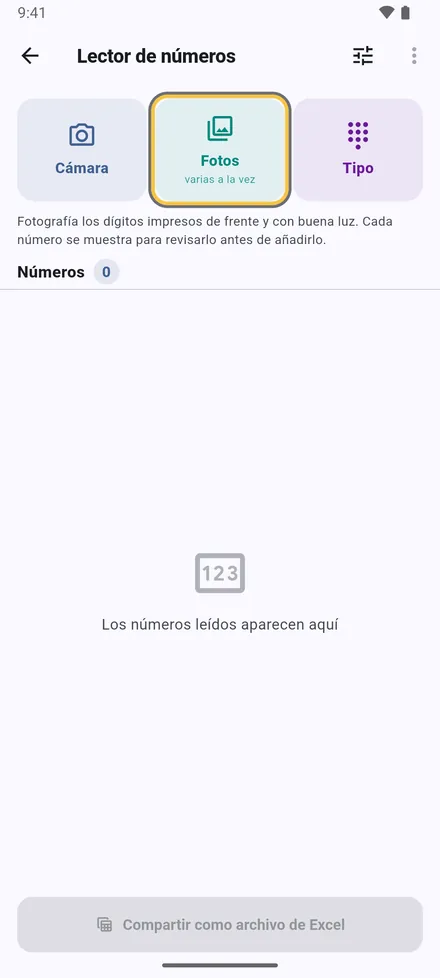 Ajustes › Leer números con la cámara. Haga una foto o elija varias fotos a la vez.