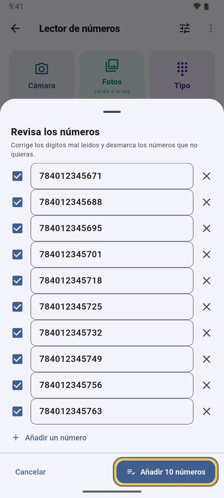 Revise cada número: corrija un dígito, desmarque lo que no quiera, añada uno que falte. Las lecturas dudosas y las repetidas aparecen marcadas.