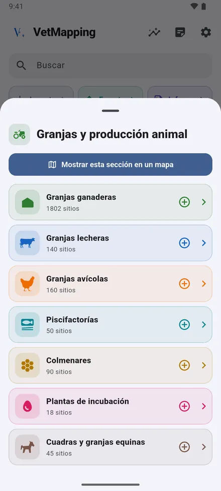 Toque una sección para ver sus tipos de sitio y cuántos tiene de cada uno. Toque un tipo para abrir su mapa, o el signo + para añadir un sitio de ese tipo.