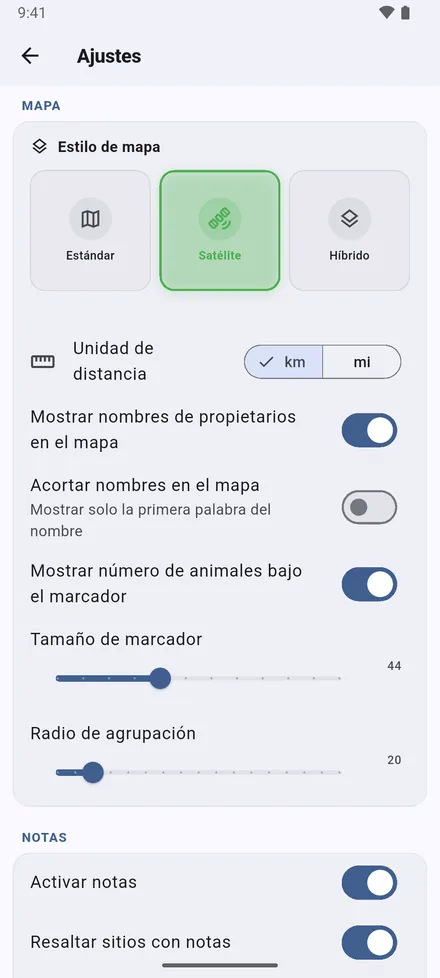 El mapa: Estilo de mapa, km o millas, nombres de propietarios completos o solo el nombre, cabezas bajo las chinchetas, tamaño de las chinchetas y cuánto se agrupan los sitios cercanos en un círculo.