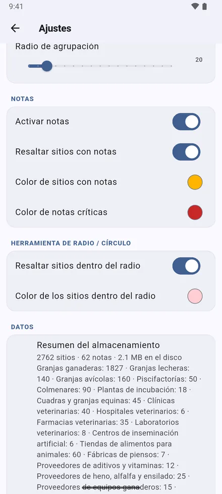 Notas: colorear los sitios con notas, con los colores que elija para notas normales y críticas; el color de los sitios dentro de un radio; y un resumen de todo lo guardado.