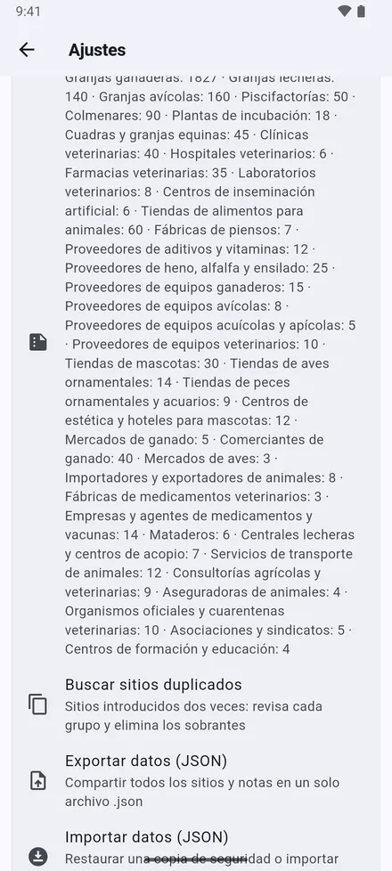 Sus datos: Buscar sitios duplicados, Exportar datos (JSON), Importar datos (JSON) y Borrar todos los datos.
