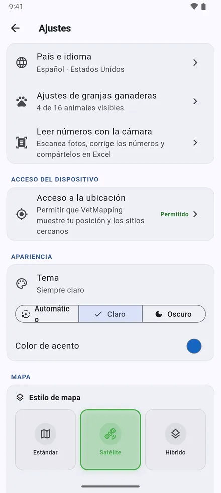 País e idioma, Ajustes de granjas ganaderas, Leer números con la cámara y acceso a la ubicación. Luego el aspecto: Tema y color de acento.
