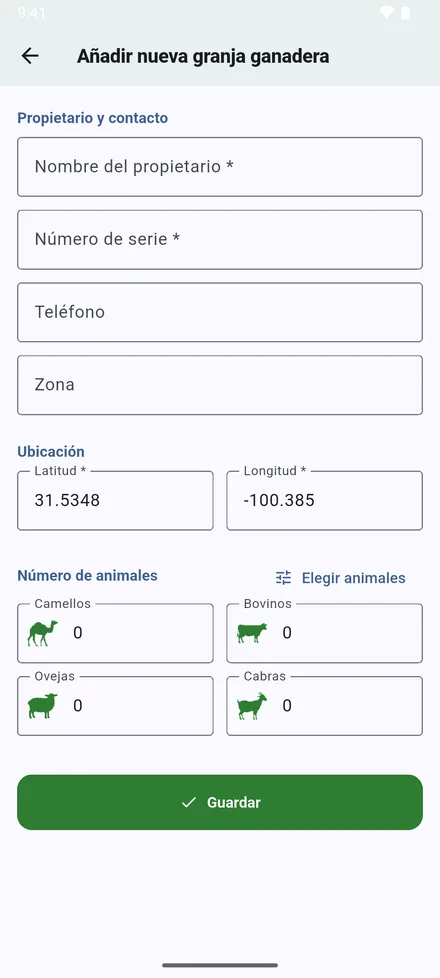 El formulario se abre con las coordenadas ya puestas. Complételo y toque Guardar.