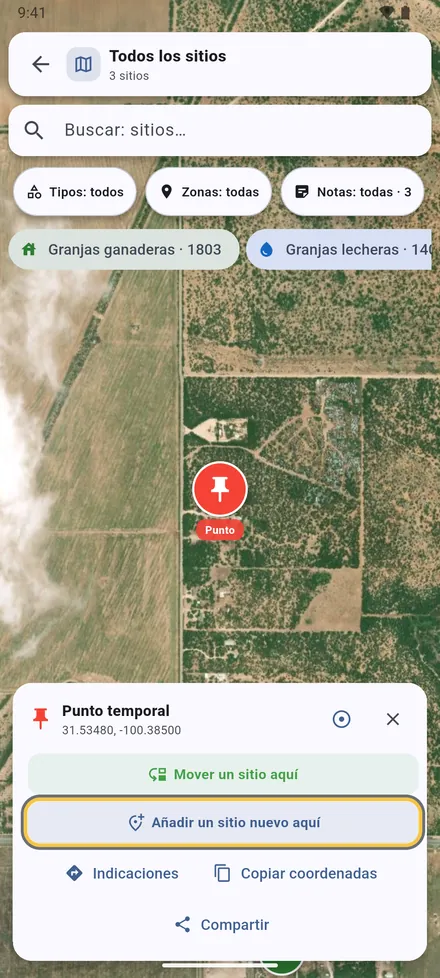 VetMapping se abre en el punto compartido con los sitios de alrededor. Elija Añadir un sitio nuevo aquí, o Mover un sitio aquí si el sitio ya está en VetMapping en un lugar equivocado.