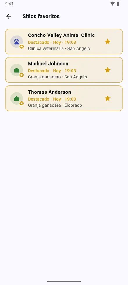 Sitios favoritos: los sitios marcados con la estrella. En el mapa también aparecen en dorado.