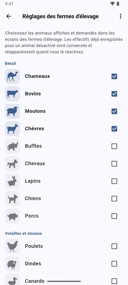 Réglages des fermes d'élevage : activez les animaux avec lesquels vous travaillez. Seuls ceux-là apparaissent dans les formulaires, les fiches, les statistiques et les colonnes Excel.