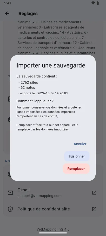 Exporter les données (JSON) enregistre tout dans un fichier ; envoyez-le-vous ou à un collègue. Importer des données (JSON) demande alors : Fusionner avec les données présentes, ou Remplacer.