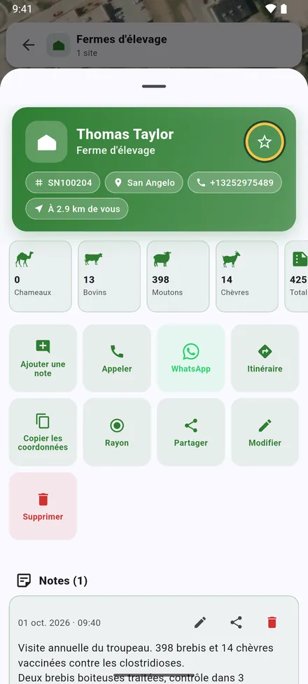Le propriétaire, le numéro de série, la zone, le téléphone et la distance jusqu’à vous, puis les effectifs. L’étoile en haut ajoute le site aux Sites favoris.