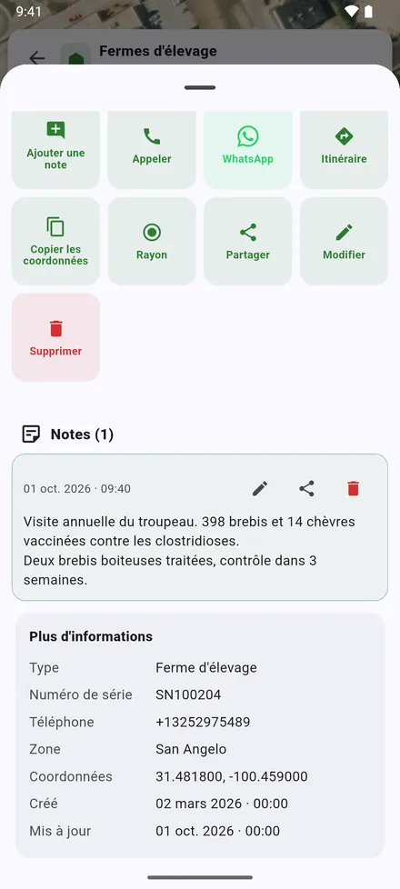 Plus d'informations : coordonnées, dates de création et de modification, et colonnes supplémentaires importées d’Excel.