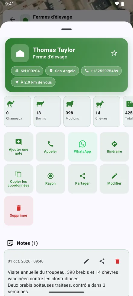 Les boutons : Ajouter une note, Appeler, WhatsApp, Itinéraire, Copier les coordonnées, Rayon, Partager, Modifier et Supprimer. En dessous, les notes de visite.