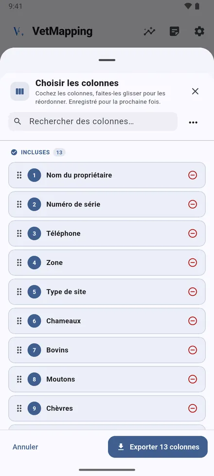 Touchez Exporter, choisissez le type de site, puis les colonnes. Faites-les glisser dans l’ordre voulu ; votre choix est mémorisé.
