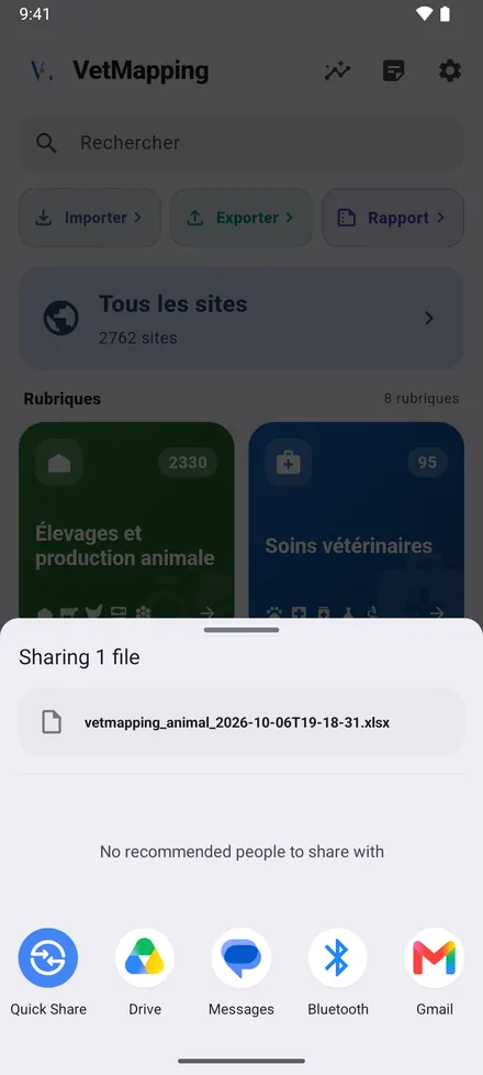Envoyez le fichier vers WhatsApp, la messagerie ou Drive, ou enregistrez-le.