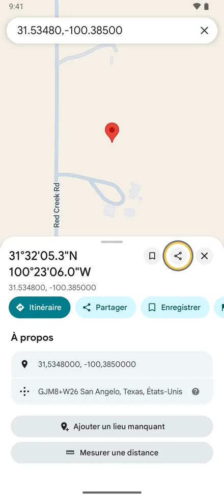 Dans Google Maps, ouvrez le lieu ou appuyez longuement pour poser une épingle. Touchez Partager.