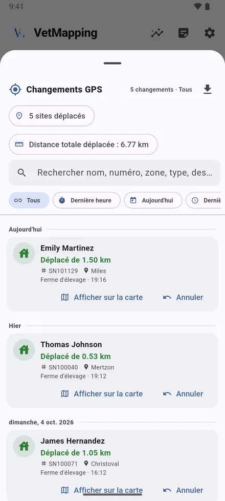 Changements GPS garde chaque déplacement, avec l’ancienne et la nouvelle position et la distance. Ouvrez-en un pour voir les deux points sur une carte, ou pour l’annuler.