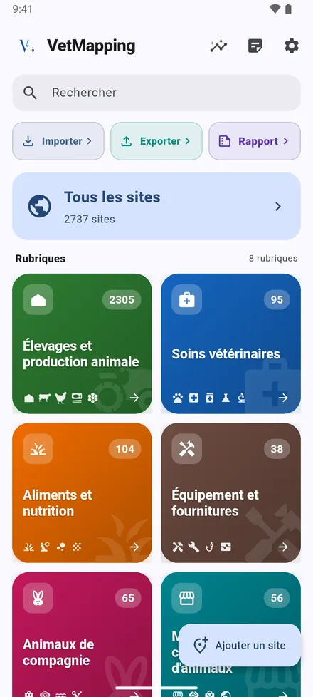 En haut : Statistiques, Notes récentes et Réglages. Importer, Exporter et Rapport font entrer et sortir les données. Tous les sites ouvre une carte avec tout, et les huit Rubriques ouvrent leurs propres sites.