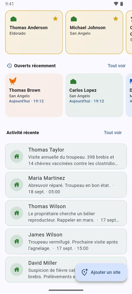 Vos Sites favoris, les sites Ouverts récemment, et Activité récente : les dernières notes de visite.