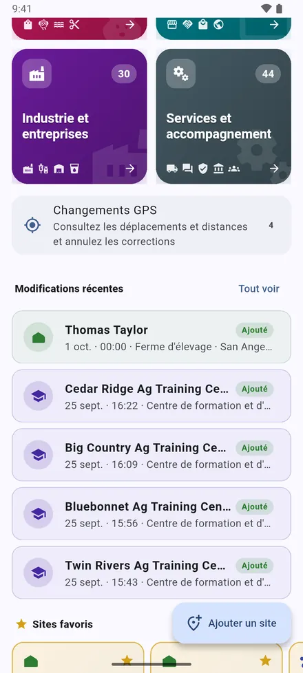 Sous les rubriques : Changements GPS, puis Modifications récentes : les derniers sites ajoutés, déplacés ou modifiés.