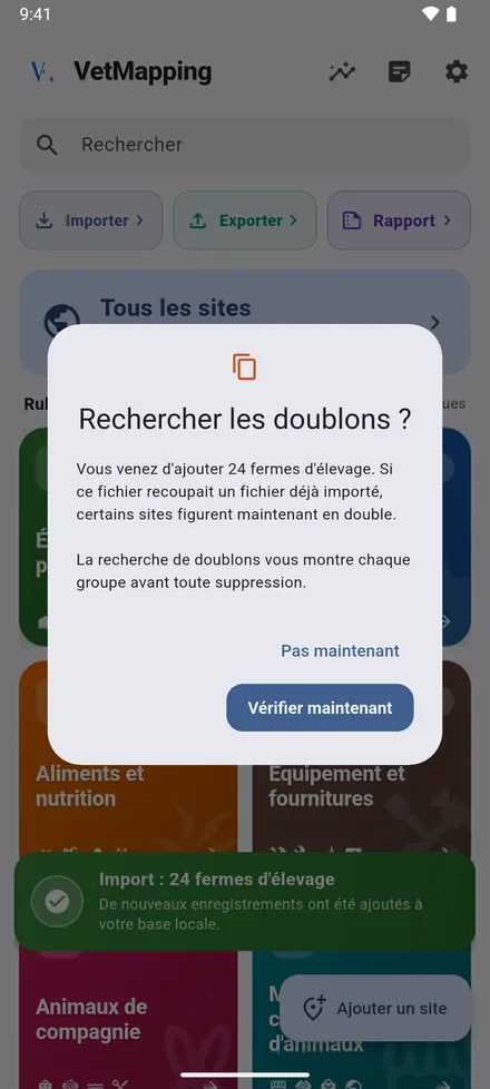 Si le fichier recoupe un import précédent, VetMapping propose de chercher les doublons.