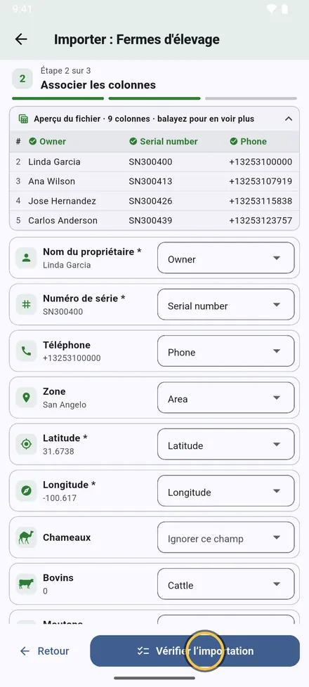 Chaque champ est associé à une colonne de votre fichier. Les en-têtes anglais et arabes sont reconnus seuls ; modifiez n’importe quelle association à la main. Les champs marqués * sont obligatoires.