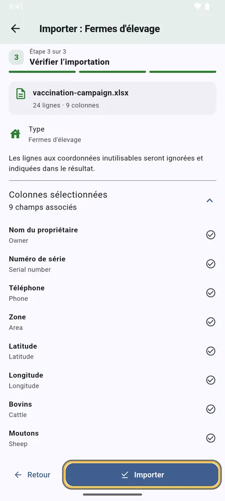 Vérifiez le résumé et touchez Importer.