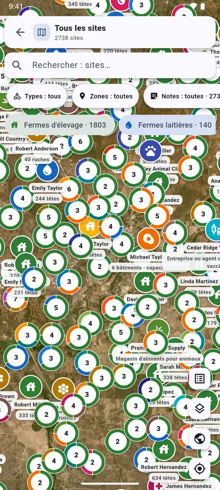 Tous les sites sur l’écran d’accueil montre tous les types de site ensemble, chacun dans sa couleur.