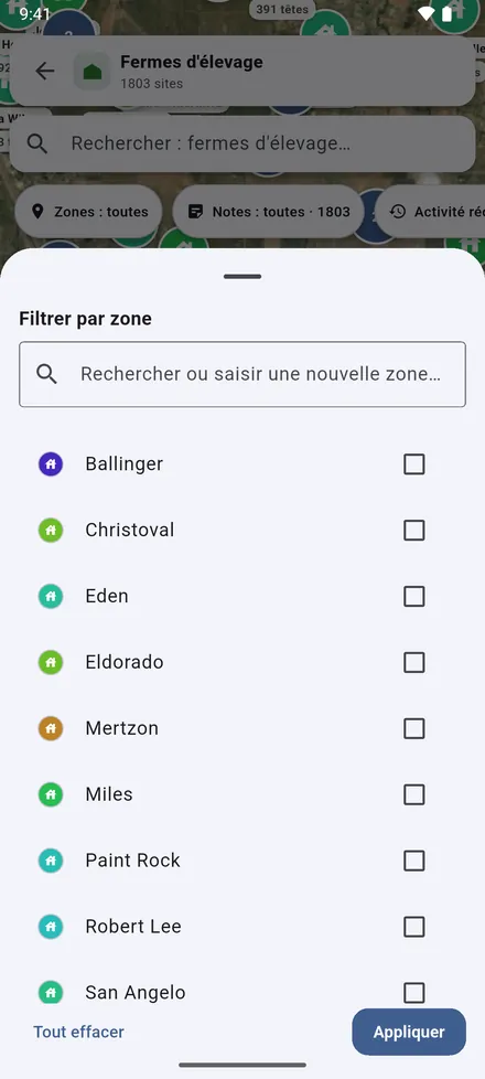 Filtrer par zone n’affiche que les zones choisies. Le choix vaut pour toutes les cartes jusqu’à ce que vous l’effaciez.