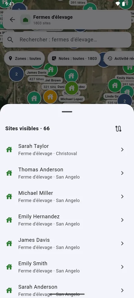 Sites visibles : les sites à l’écran en liste, et Planifier l’itinéraire pour les visiter l’un après l’autre.