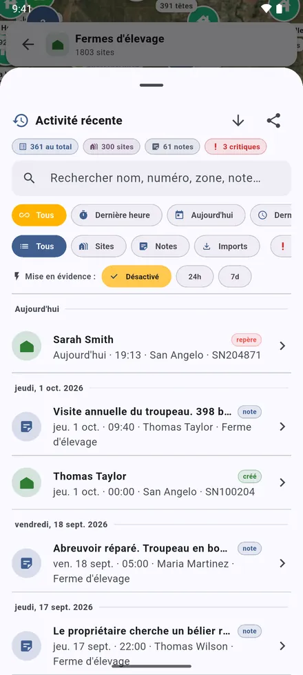 Activité récente : ce qui a été ajouté, modifié et noté, jour par jour. Touchez une ligne pour y aller.