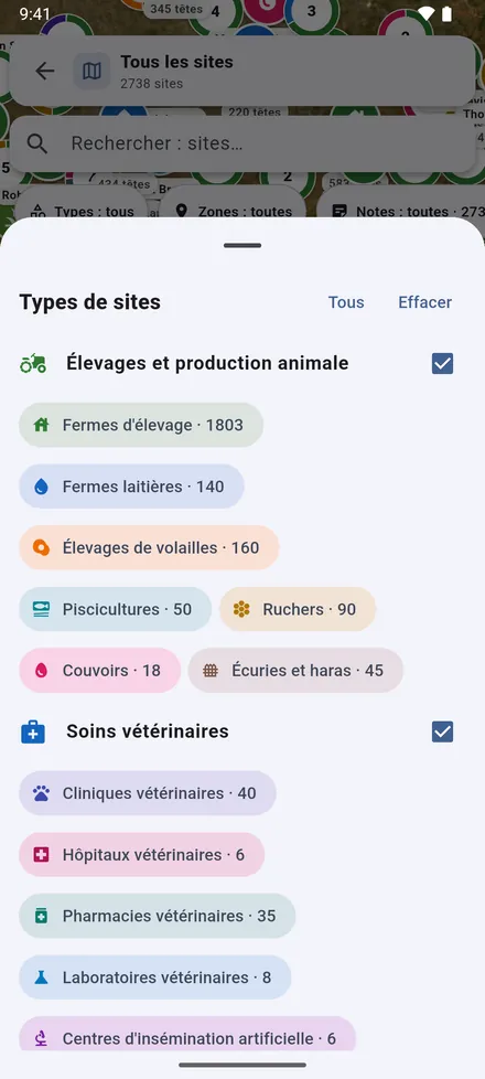 Le filtre des types choisit ceux qui s’affichent.