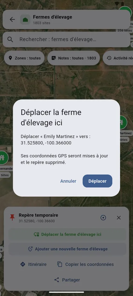 Confirmez avec Déplacer. Le site prend ses nouvelles coordonnées.