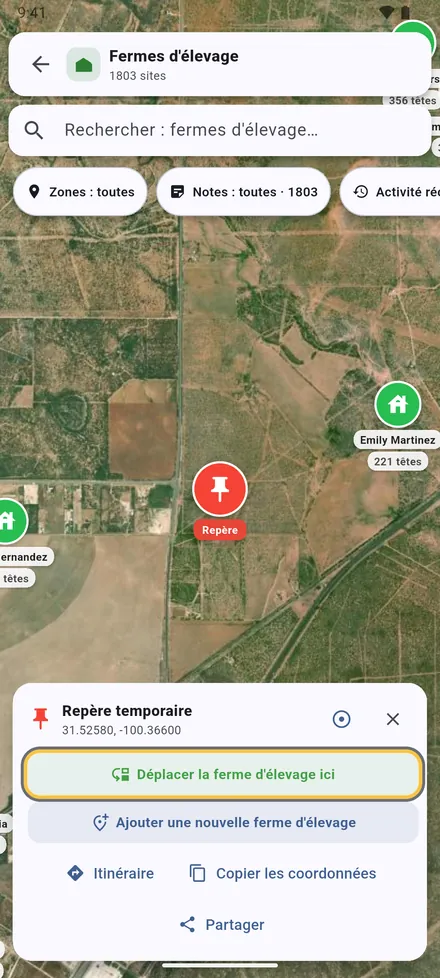 Appuyez longuement sur la carte pour poser un repère. À partir de lui : déplacer un site ici, Ajouter un nouveau site ici, Itinéraire, Copier les coordonnées ou Partager. Le bouton cercle trace un rayon autour.