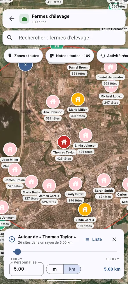 Ouvrez l’élevage et touchez Rayon. Faites glisser le curseur ou tapez une distance, de 100 m à 100 km. Les sites à l’intérieur sont comptés.