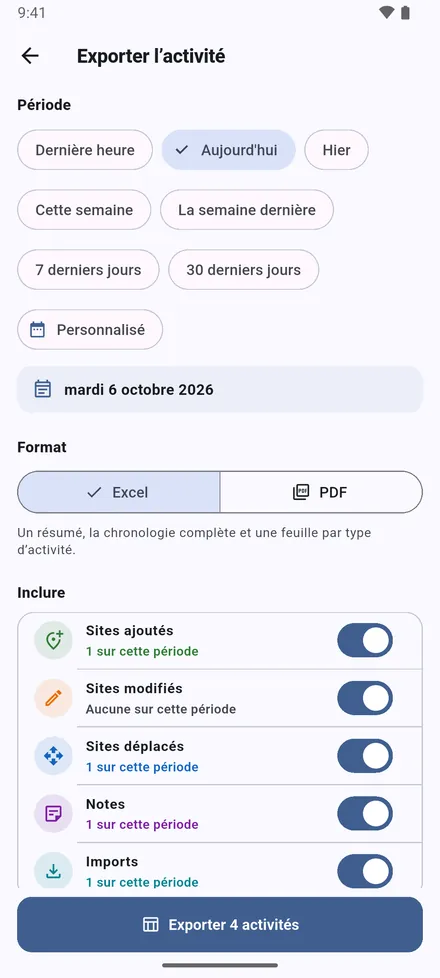 Touchez Rapport sur l’écran d’accueil. Choisissez la période, de la dernière heure aux 30 derniers jours ou vos propres dates, puis Excel ou PDF.