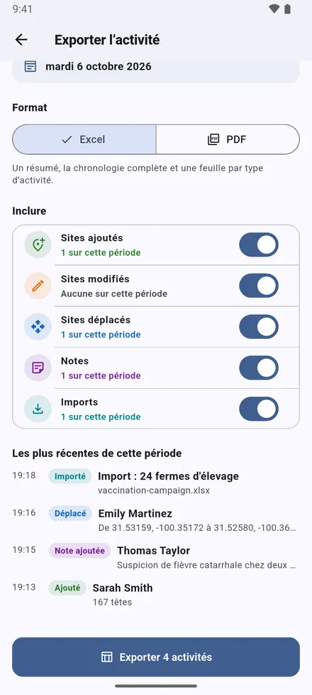 Choisissez ce qui est inclus. Les dernières entrées s’affichent avant l’export.