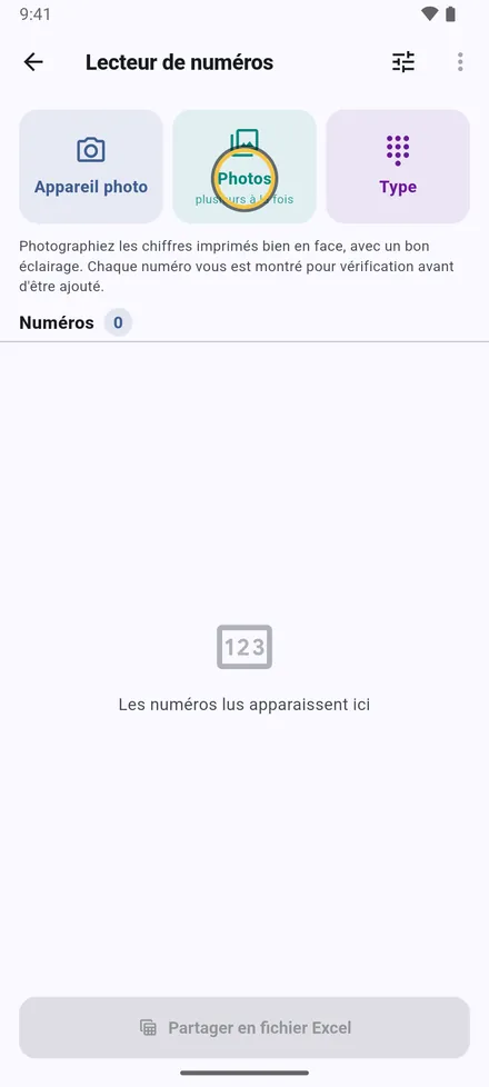 Réglages › Lire des numéros avec l'appareil photo. Prenez une photo, ou choisissez plusieurs photos à la fois.