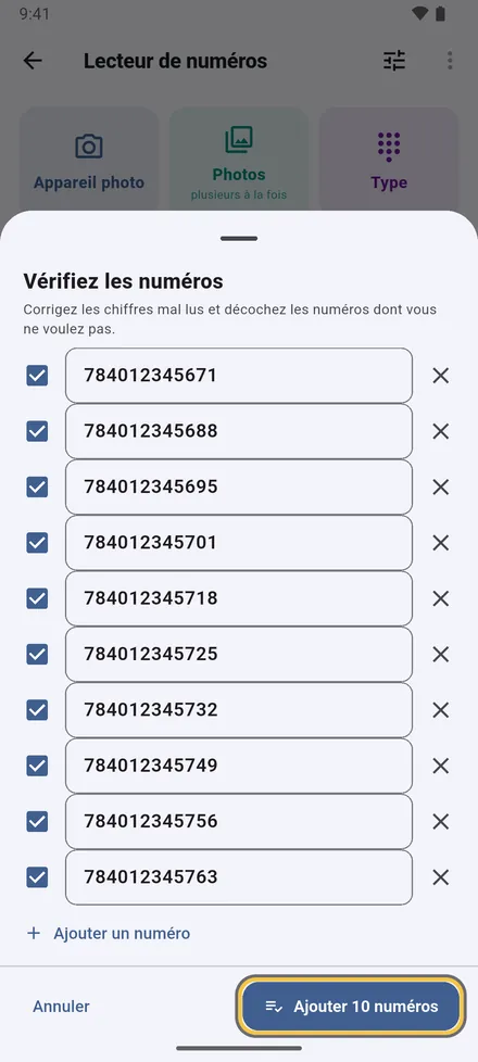 Vérifiez chaque numéro : corrigez un chiffre, décochez ce que vous ne voulez pas, ajoutez celui qui manque. Les lectures douteuses et les doublons sont signalés.