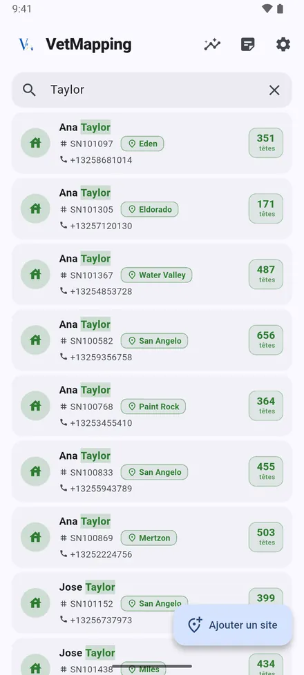La recherche trouve n’importe quel site par propriétaire, numéro de série, téléphone, zone ou note. Touchez un résultat pour l’ouvrir sur sa carte.