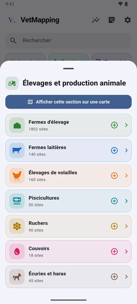 Touchez une rubrique pour voir ses types de site et combien vous en avez de chacun. Touchez un type pour ouvrir sa carte, ou le + pour ajouter un site de ce type.