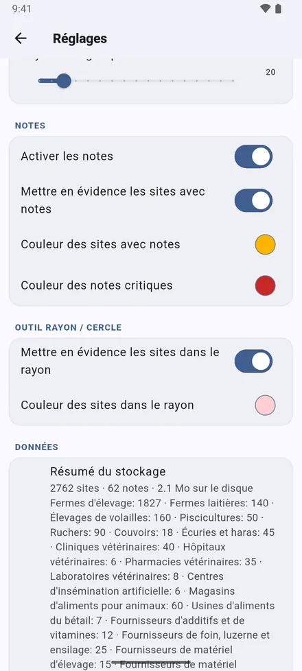 Notes : colorer les sites qui ont des notes, avec vos couleurs pour les notes ordinaires et critiques ; la couleur des sites dans un rayon ; et un résumé de tout ce qui est stocké.