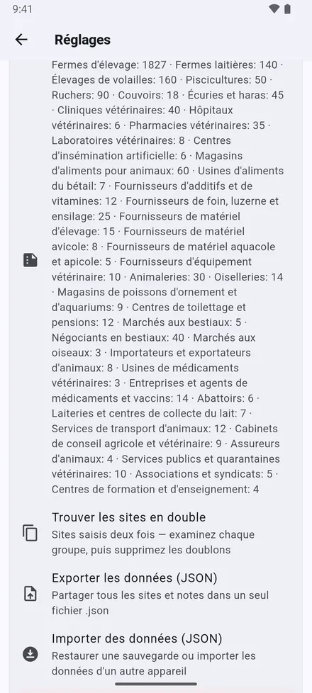 Vos données : Trouver les sites en double, Exporter les données (JSON), Importer des données (JSON) et Effacer toutes les données.