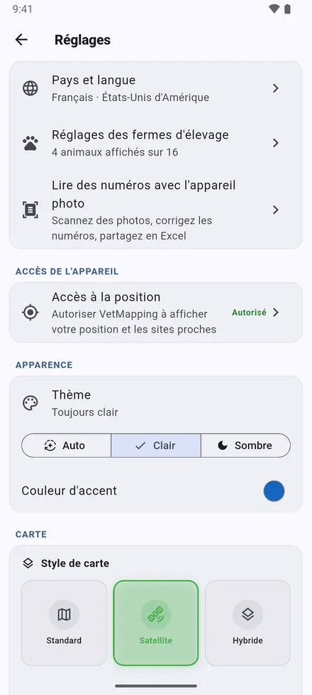 Pays et langue, Réglages des fermes d'élevage, Lire des numéros avec l'appareil photo et accès à la position. Puis l’apparence : Thème et couleur d’accent.