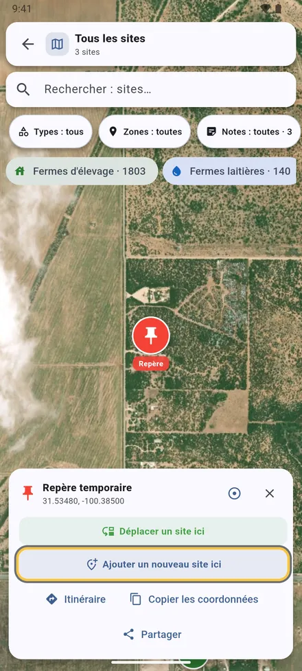 VetMapping s’ouvre sur le point partagé avec les sites alentour. Choisissez Ajouter un nouveau site ici, ou Déplacer un site ici si le site existe déjà dans VetMapping au mauvais endroit.