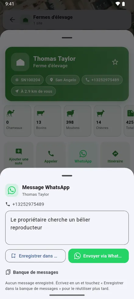 WhatsApp écrit au propriétaire. Les messages que vous envoyez souvent se gardent dans la Banque de messages.