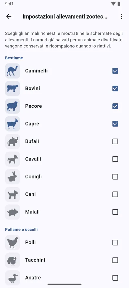 Impostazioni allevamenti zootecnici: attiva gli animali con cui lavori. Solo quelli compaiono in moduli, schede, statistiche e colonne Excel.