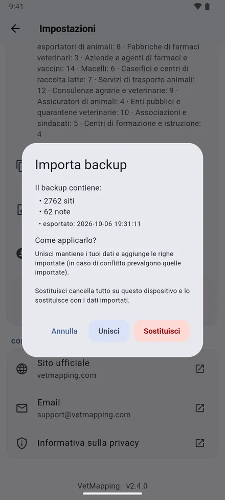 Esporta dati (JSON) salva tutto in un file; invialo a te stesso o a un collega. Poi Importa dati (JSON) chiede: Unisci con i dati presenti, o Sostituisci.